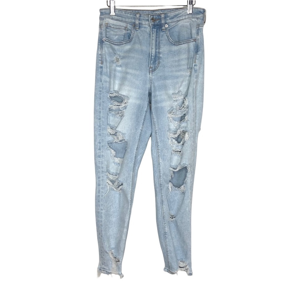 American Eagle Womens Stretch Distressed Mom Jean Sz 6 Blue Light Wash Destroyed